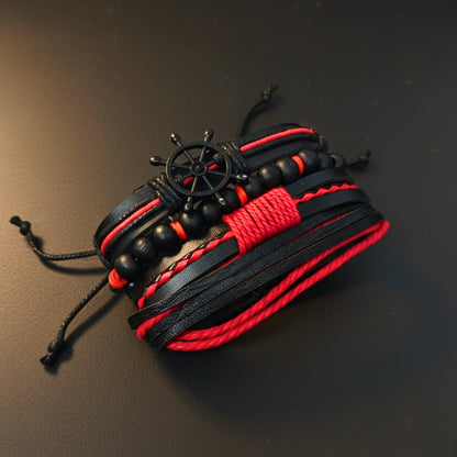 THE MEN THING Leather Bracelet CRIMSON CAPTAIN - 4 Pcs Genuine Leather Adjustable Bracelet Set for Men & Boys (8 inch)