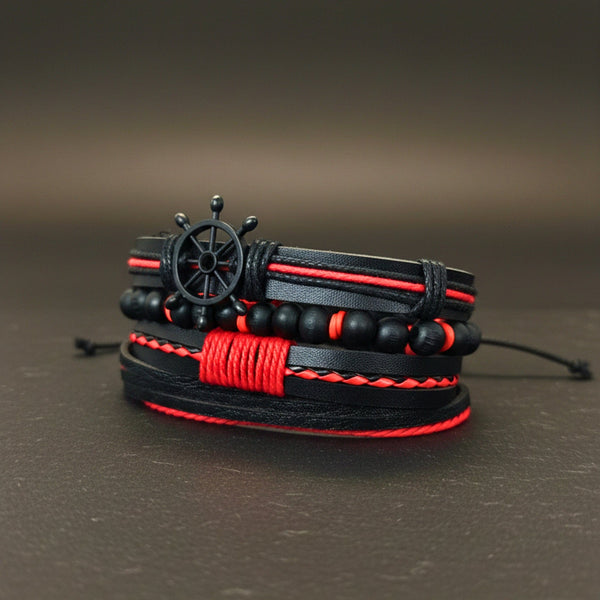 CRIMSON CAPTAIN - 4 Pcs Genuine Leather Adjustable Bracelet Set for Men & Boys (8 inch)