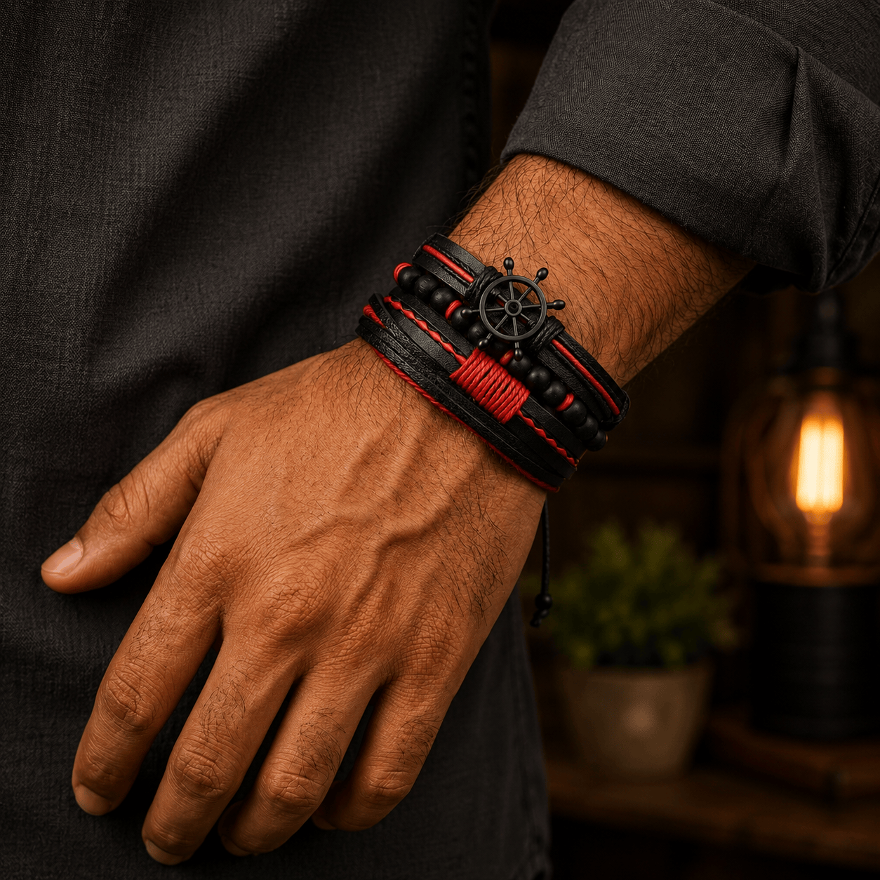 THE MEN THING Leather Bracelet CRIMSON CAPTAIN - 4 Pcs Genuine Leather Adjustable Bracelet Set for Men & Boys (8 inch)