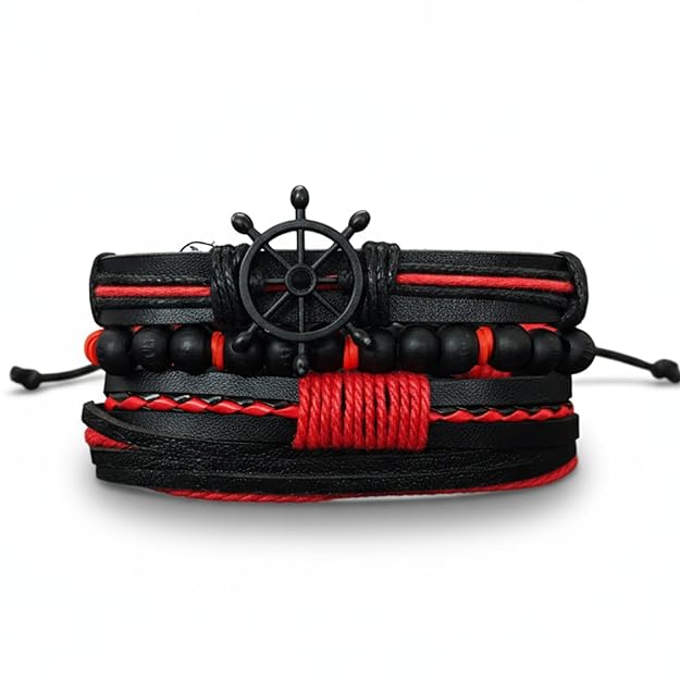 THE MEN THING Leather Bracelet CRIMSON CAPTAIN Set of 4 Genuine Braided Leather Adjustable Bracelets for Men & Boys – 8 Inch