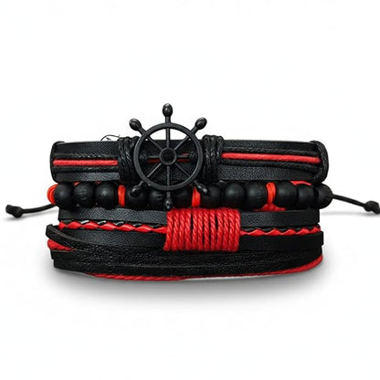 THE MEN THING Leather Bracelet CRIMSON CAPTAIN Set of 4 Genuine Braided Leather Adjustable Bracelets for Men & Boys – 8 Inch