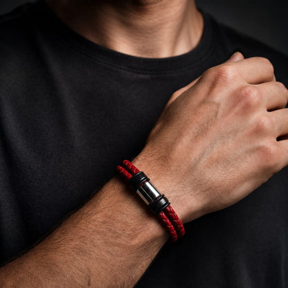 THE MEN THING Leather Bracelet CRIMSON CORE RED - 16mm Genuine Leather Bracelet with Stainless Steel Magnetic Buckle for Men & Boys (8 inch)