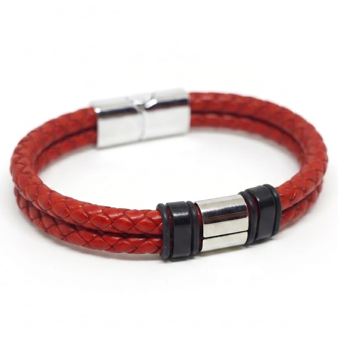 THE MEN THING Leather Bracelet CRIMSON CORE RED - 16mm Genuine Leather Bracelet with Stainless Steel Magnetic Buckle for Men & Boys (8 inch)