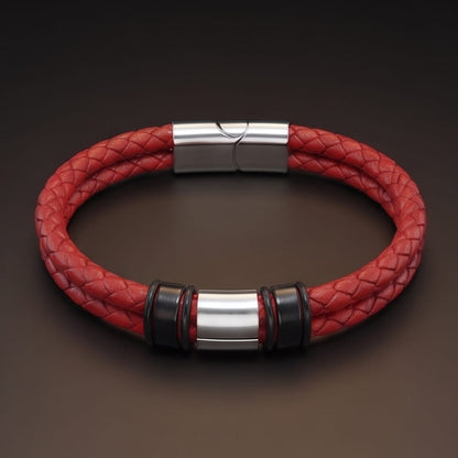 THE MEN THING Leather Bracelet CRIMSON CORE RED - 16mm Genuine Leather Bracelet with Stainless Steel Magnetic Buckle for Men & Boys (8 inch)