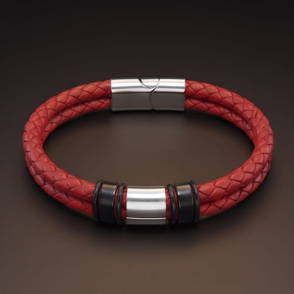 CRIMSON CORE RED - 16mm Genuine Leather Bracelet with Stainless Steel Magnetic Buckle for Men & Boys (8 inch)