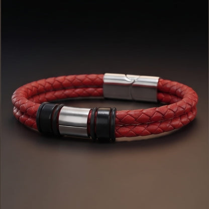 THE MEN THING Leather Bracelet CRIMSON CORE RED - 16mm Genuine Leather Bracelet with Stainless Steel Magnetic Buckle for Men & Boys (8 inch)