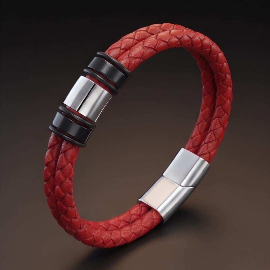THE MEN THING Leather Bracelet CRIMSON CORE RED - 16mm Genuine Leather Bracelet with Stainless Steel Magnetic Buckle for Men & Boys (8 inch)