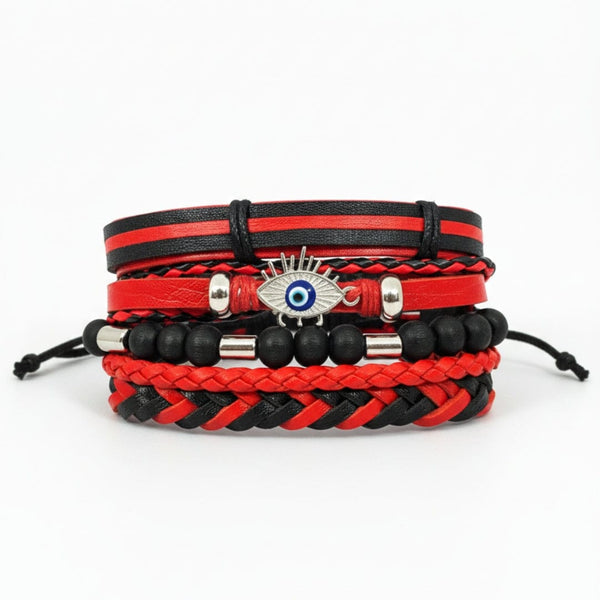 CRIMSON EVIL EYE - 4 Pcs Genuine Leather Adjustable Bracelet Set for Men & Boys (8 inch)