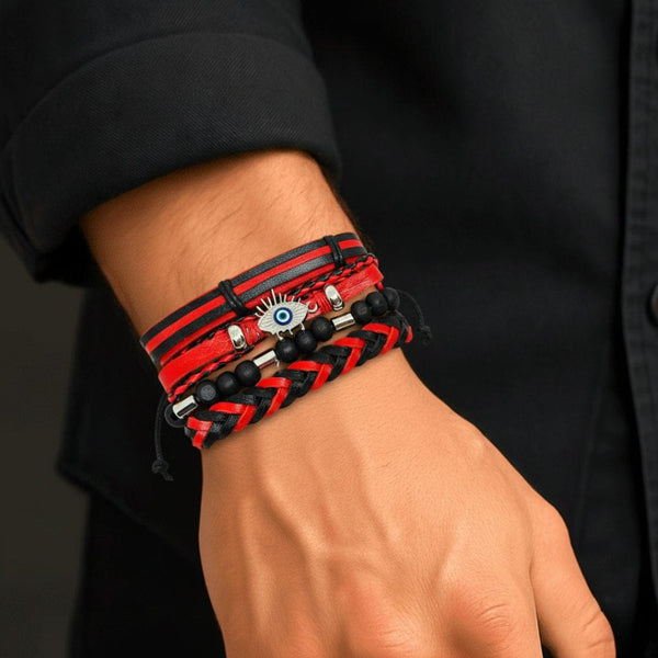 CRIMSON EVIL EYE - 4 Pcs Genuine Leather Adjustable Bracelet Set for Men & Boys (8 inch)