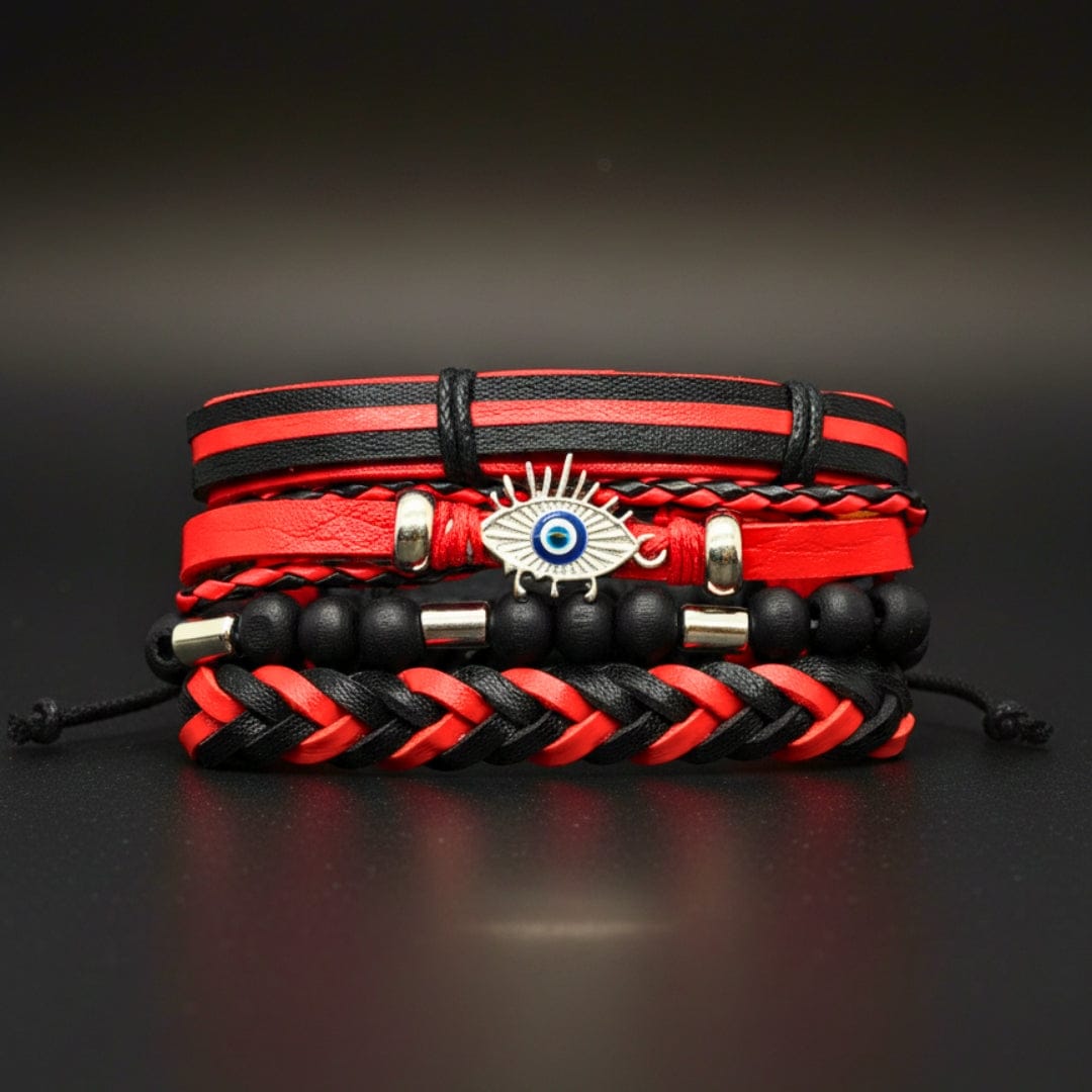 THE MEN THING Leather Bracelet CRIMSON EVIL EYE - 4 Pcs Genuine Leather Adjustable Bracelet Set for Men & Boys (8 inch)