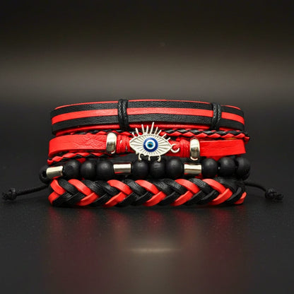 THE MEN THING Leather Bracelet CRIMSON EVIL EYE - 4 Pcs Genuine Leather Adjustable Bracelet Set for Men & Boys (8 inch)