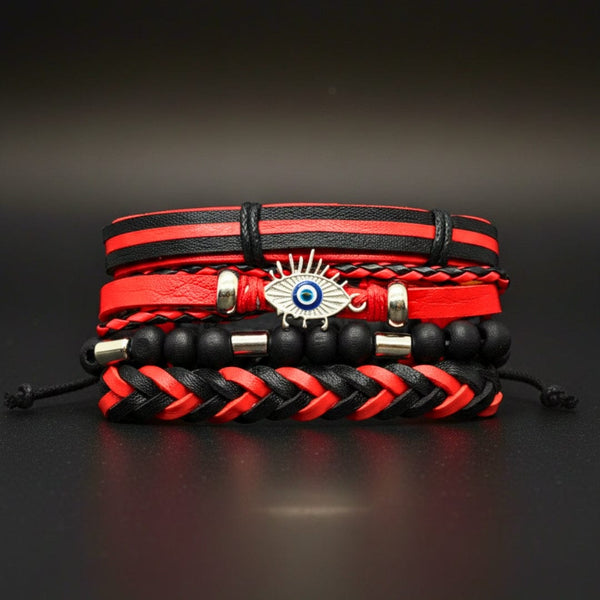 CRIMSON EVIL EYE - 4 Pcs Genuine Leather Adjustable Bracelet Set for Men & Boys (8 inch)