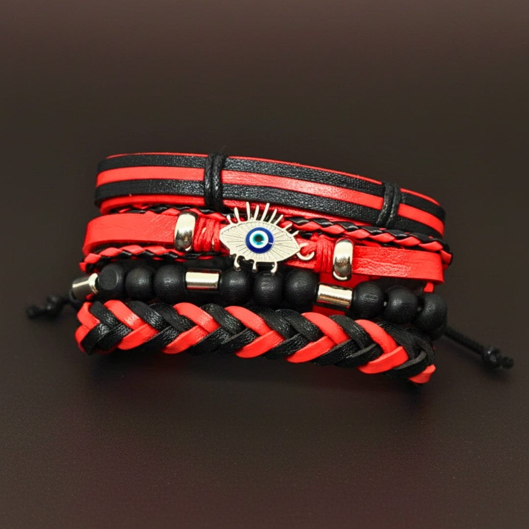 THE MEN THING Leather Bracelet CRIMSON EVIL EYE - 4 Pcs Genuine Leather Adjustable Bracelet Set for Men & Boys (8 inch)