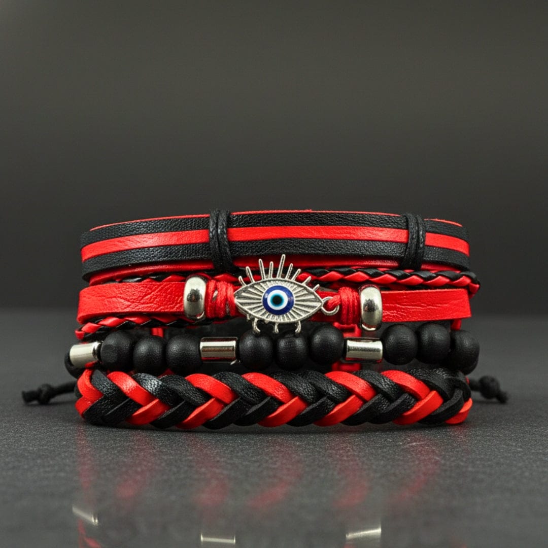 THE MEN THING Leather Bracelet CRIMSON EVIL EYE - 4 Pcs Genuine Leather Adjustable Bracelet Set for Men & Boys (8 inch)