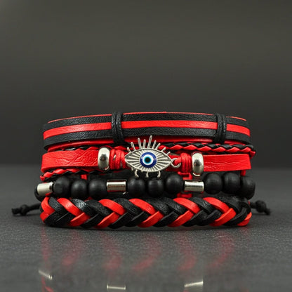 THE MEN THING Leather Bracelet CRIMSON EVIL EYE - 4 Pcs Genuine Leather Adjustable Bracelet Set for Men & Boys (8 inch)
