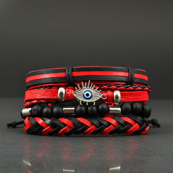 CRIMSON EVIL EYE - 4 Pcs Genuine Leather Adjustable Bracelet Set for Men & Boys (8 inch)