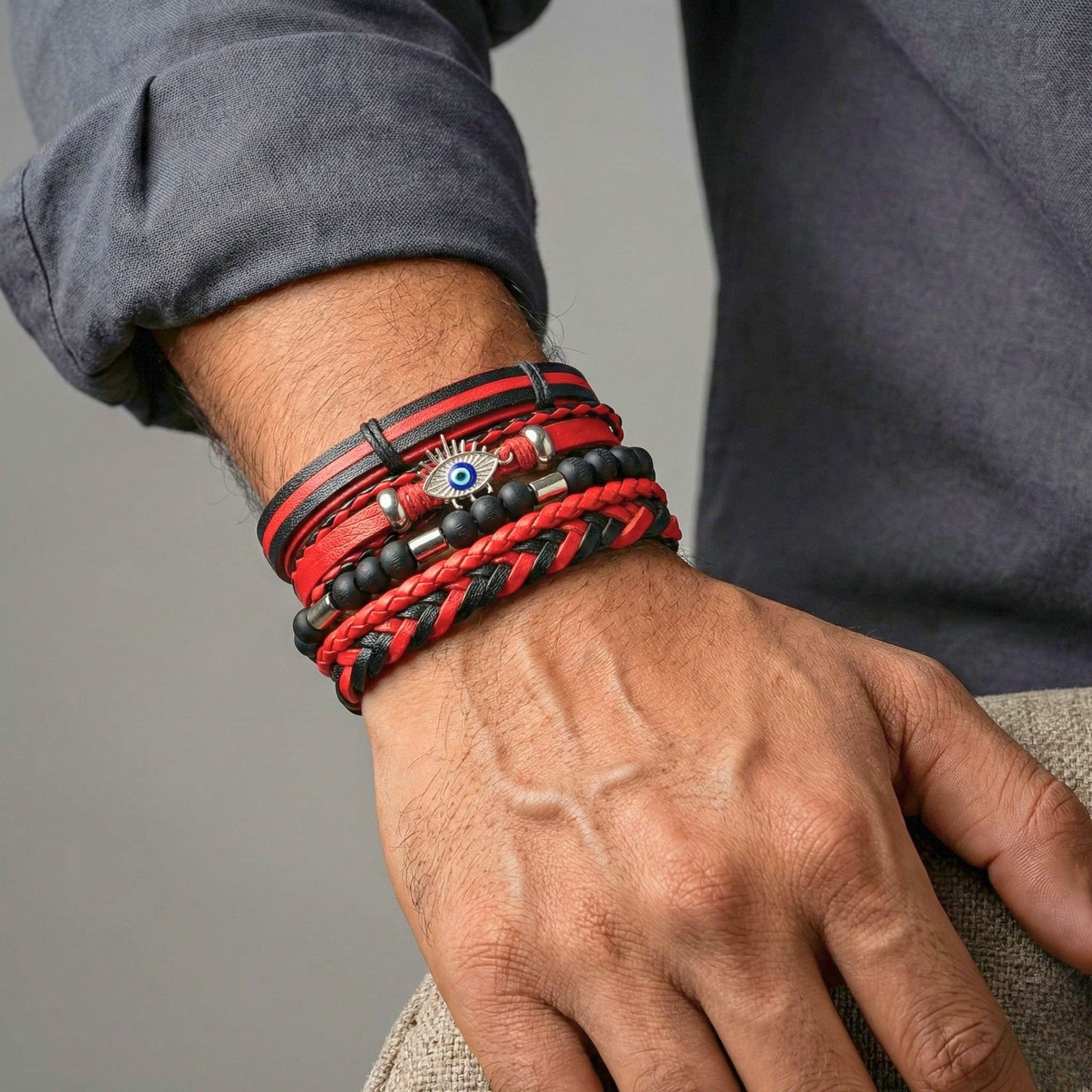 THE MEN THING Leather Bracelet CRIMSON EVIL EYE - 4 Pcs Genuine Leather Adjustable Bracelet Set for Men & Boys (8 inch)