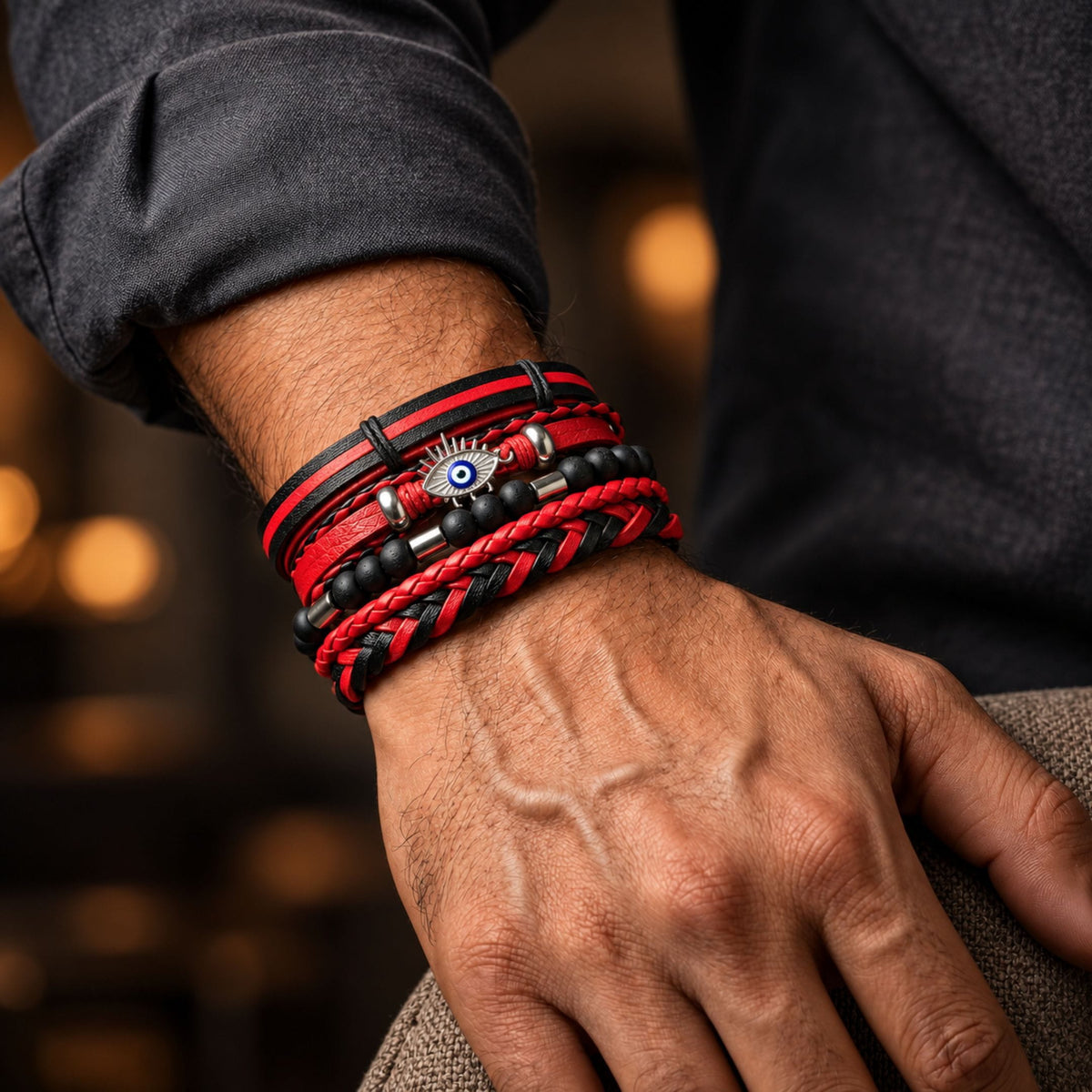 THE MEN THING Leather Bracelet CRIMSON EVIL EYE - 4 Pcs Genuine Leather Adjustable Bracelet Set for Men & Boys (8 inch)