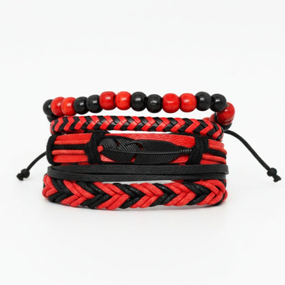 THE MEN THING Leather Bracelet CRIMSON FEATHER - 4 Pcs Genuine Leather Adjustable Bracelet Set for Men & Boys (8 inch)