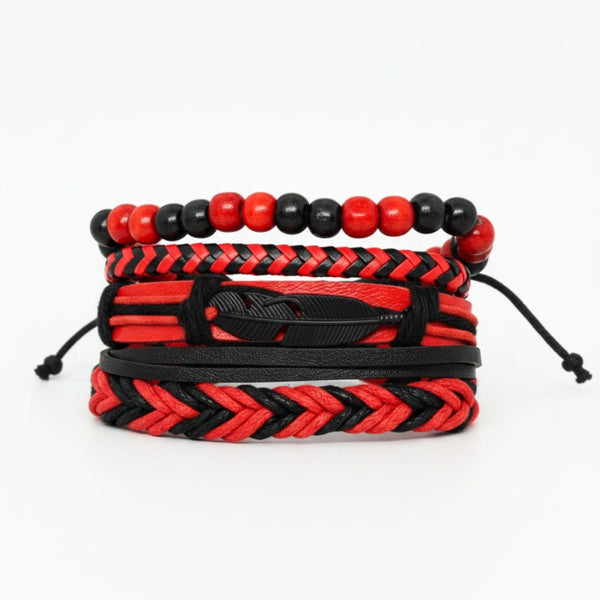 CRIMSON FEATHER - 4 Pcs Genuine Leather Adjustable Bracelet Set for Men & Boys (8 inch)
