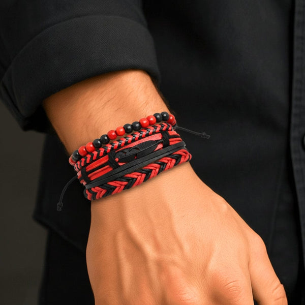 CRIMSON FEATHER - 4 Pcs Genuine Leather Adjustable Bracelet Set for Men & Boys (8 inch)
