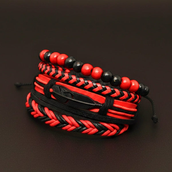 CRIMSON FEATHER - 4 Pcs Genuine Leather Adjustable Bracelet Set for Men & Boys (8 inch)
