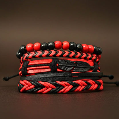 THE MEN THING Leather Bracelet CRIMSON FEATHER - 4 Pcs Genuine Leather Adjustable Bracelet Set for Men & Boys (8 inch)