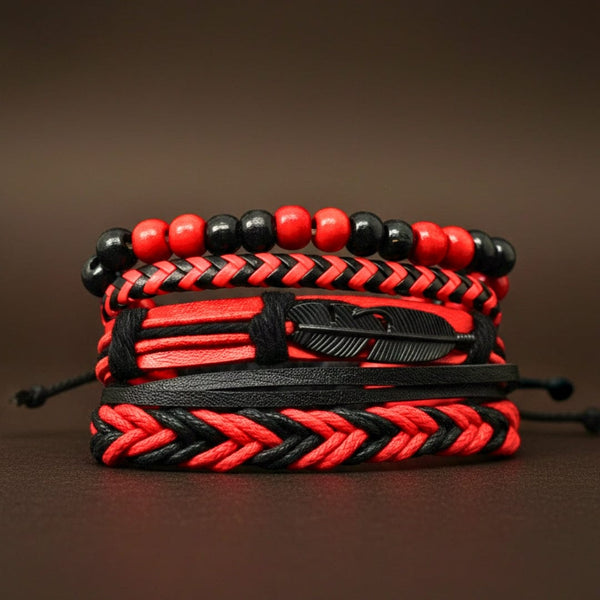 CRIMSON FEATHER - 4 Pcs Genuine Leather Adjustable Bracelet Set for Men & Boys (8 inch)