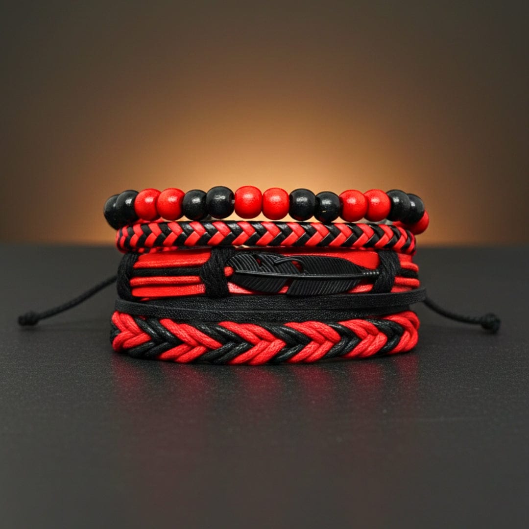 THE MEN THING Leather Bracelet CRIMSON FEATHER - 4 Pcs Genuine Leather Adjustable Bracelet Set for Men & Boys (8 inch)