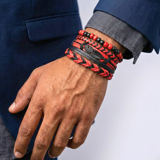 THE MEN THING Leather Bracelet CRIMSON FEATHER - 4 Pcs Genuine Leather Adjustable Bracelet Set for Men & Boys (8 inch)