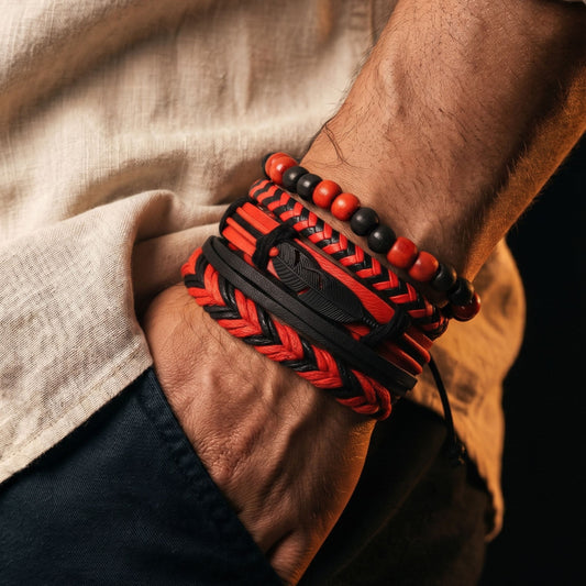 THE MEN THING Leather Bracelet CRIMSON FEATHER - 4 Pcs Genuine Leather Adjustable Bracelet Set for Men & Boys (8 inch)