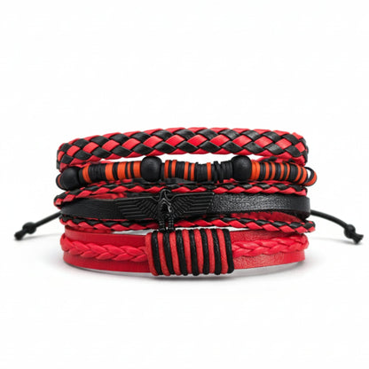 THE MEN THING Leather Bracelet CRIMSON FURY - 4 Pcs Genuine Leather Adjustable Bracelet Set for Men & Boys (8 inch)