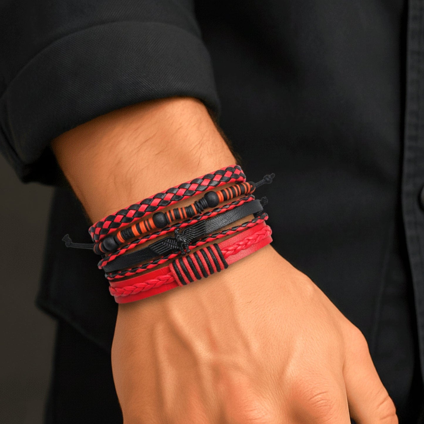 THE MEN THING Leather Bracelet CRIMSON FURY - 4 Pcs Genuine Leather Adjustable Bracelet Set for Men & Boys (8 inch)