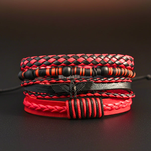 CRIMSON FURY - 4 Pcs Genuine Leather Adjustable Bracelet Set for Men & Boys (8 inch)