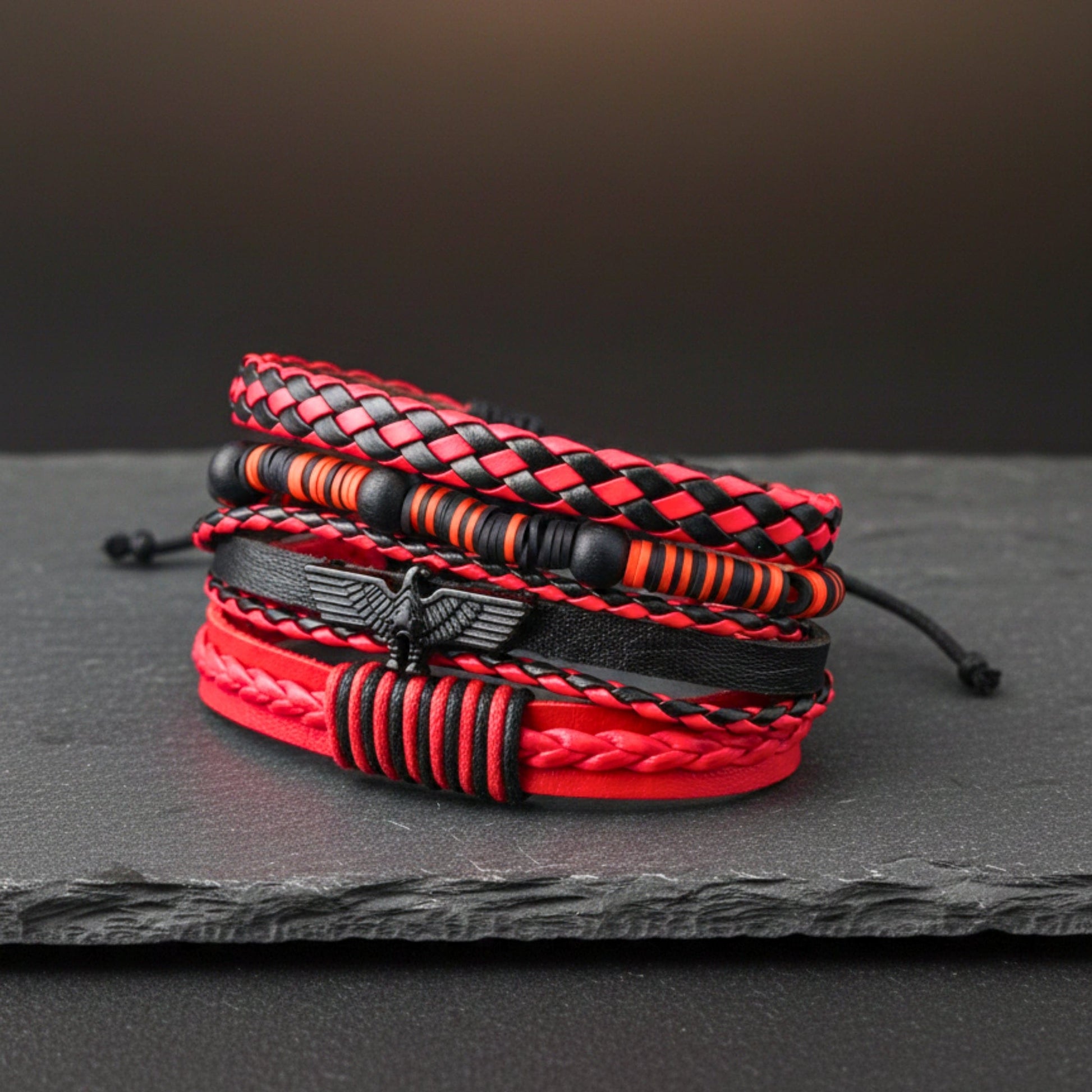 THE MEN THING Leather Bracelet CRIMSON FURY - 4 Pcs Genuine Leather Adjustable Bracelet Set for Men & Boys (8 inch)
