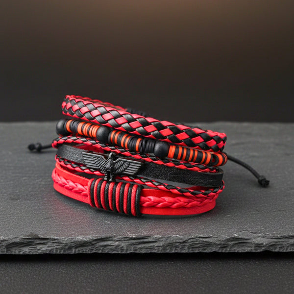CRIMSON FURY - 4 Pcs Genuine Leather Adjustable Bracelet Set for Men & Boys (8 inch)