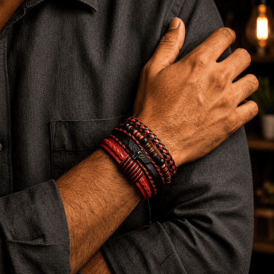 THE MEN THING Leather Bracelet CRIMSON FURY - 4 Pcs Genuine Leather Adjustable Bracelet Set for Men & Boys (8 inch)