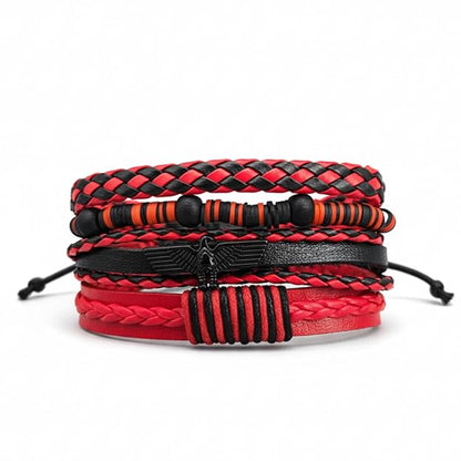 THE MEN THING Leather Bracelet CRIMSON FURY Set of 4 Genuine Braided Leather Adjustable Bracelets for Men & Boys – 8 Inch