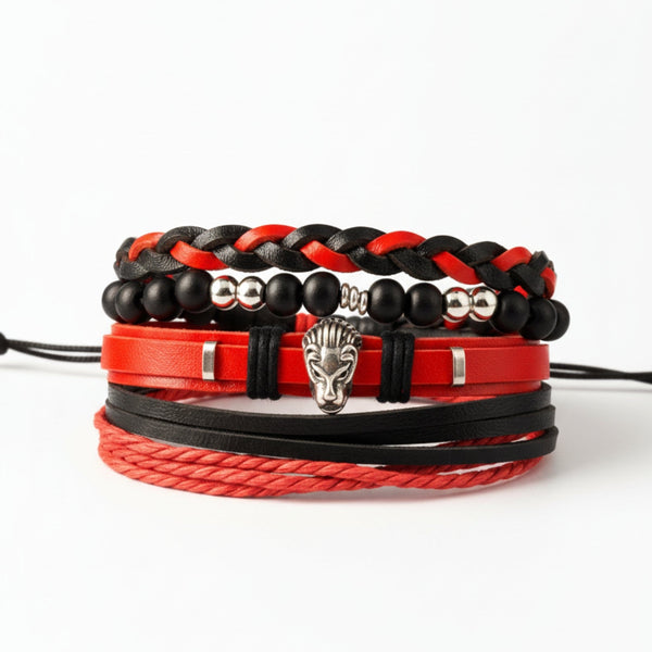 CRIMSON LION - 4 Pcs Genuine Leather Adjustable Bracelet Set for Men & Boys (8 inch)