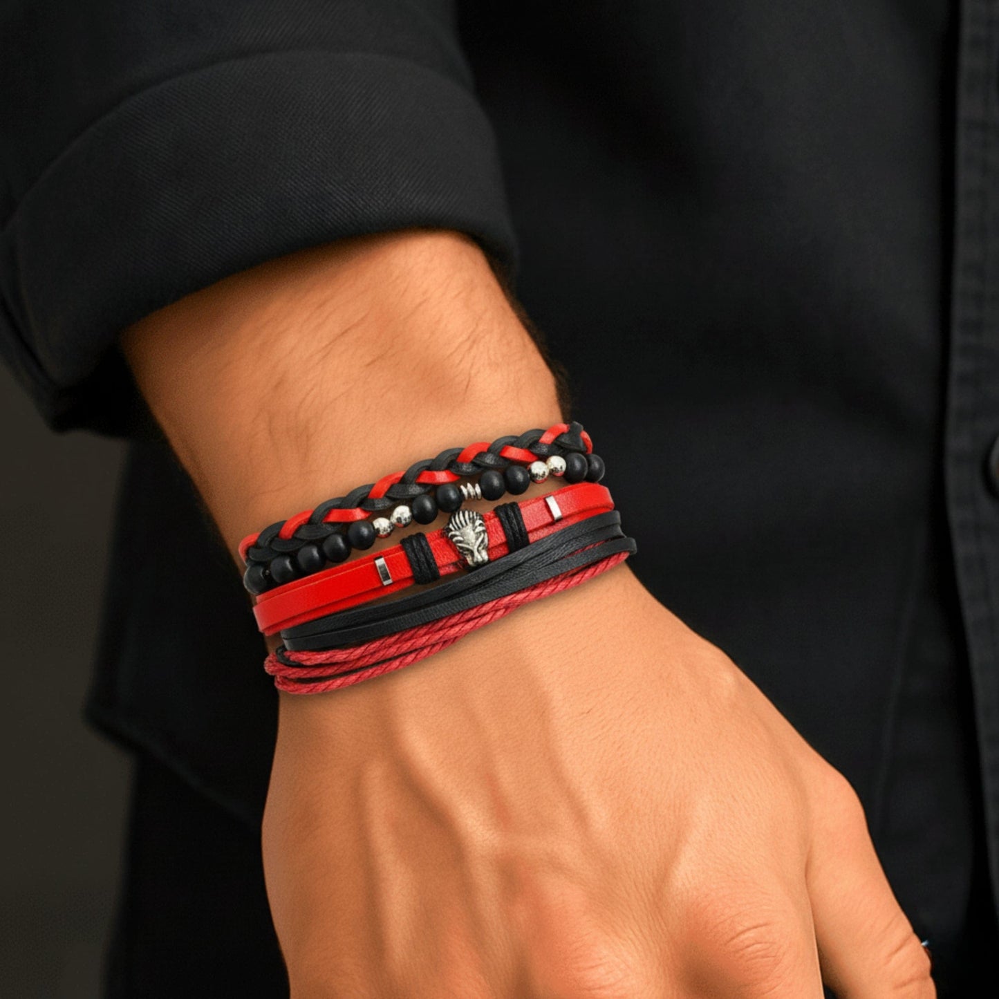 THE MEN THING Leather Bracelet CRIMSON LION - 4 Pcs Genuine Leather Adjustable Bracelet Set for Men & Boys (8 inch)