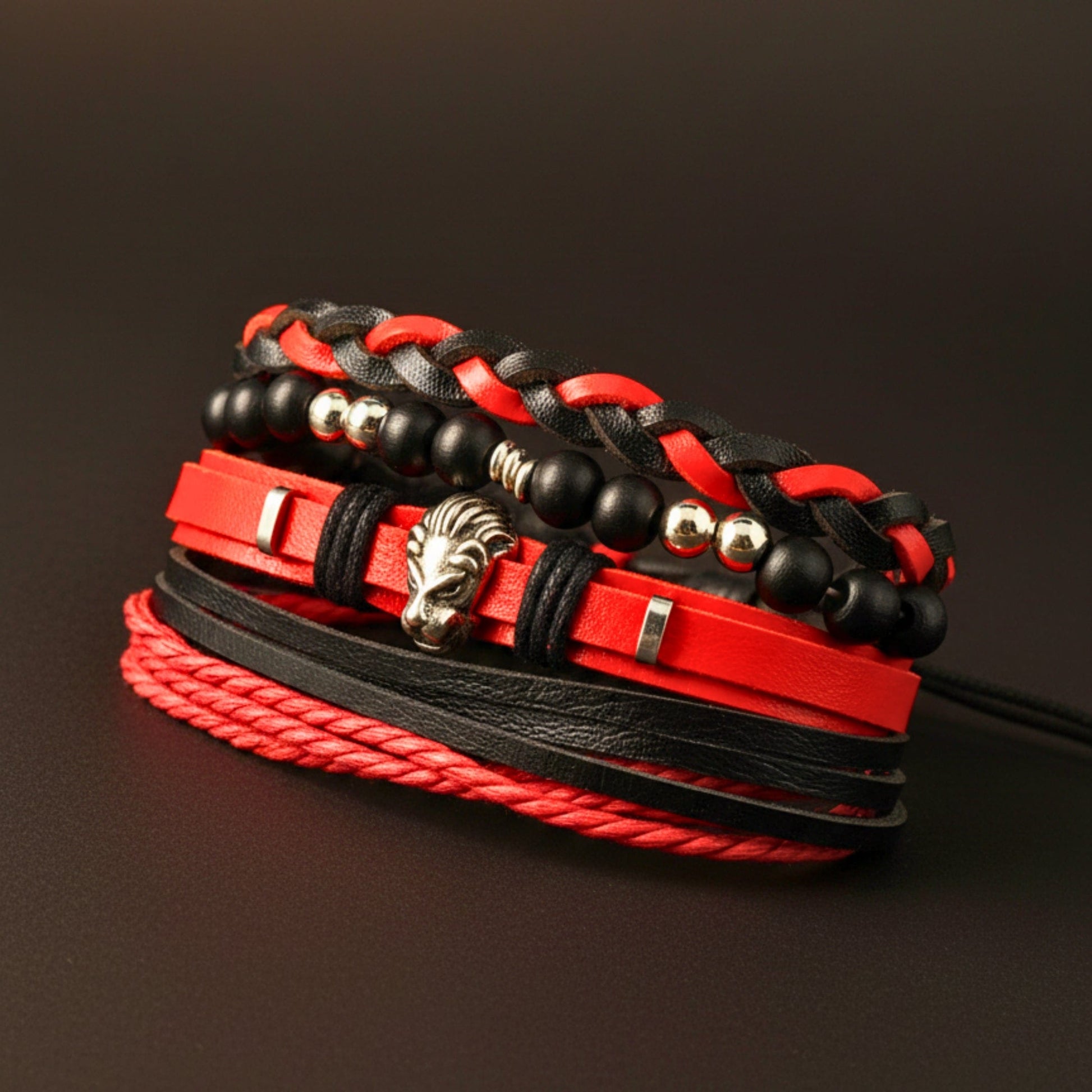 THE MEN THING Leather Bracelet CRIMSON LION - 4 Pcs Genuine Leather Adjustable Bracelet Set for Men & Boys (8 inch)