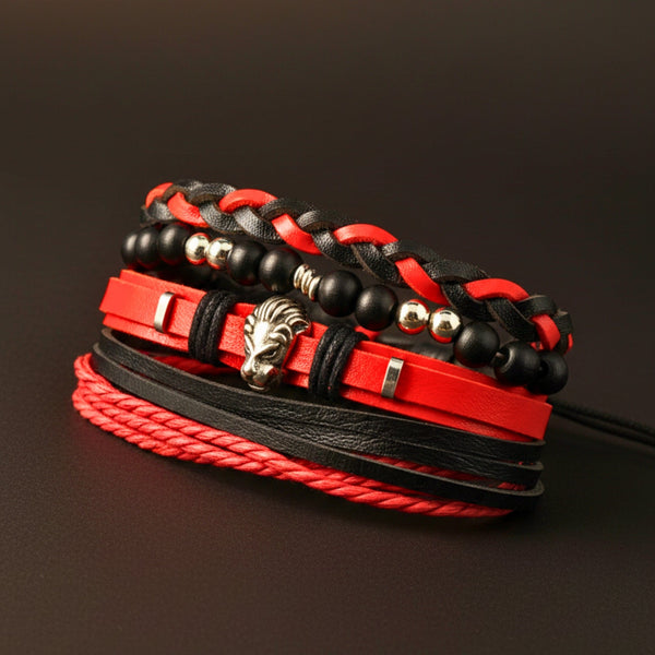 CRIMSON LION - 4 Pcs Genuine Leather Adjustable Bracelet Set for Men & Boys (8 inch)
