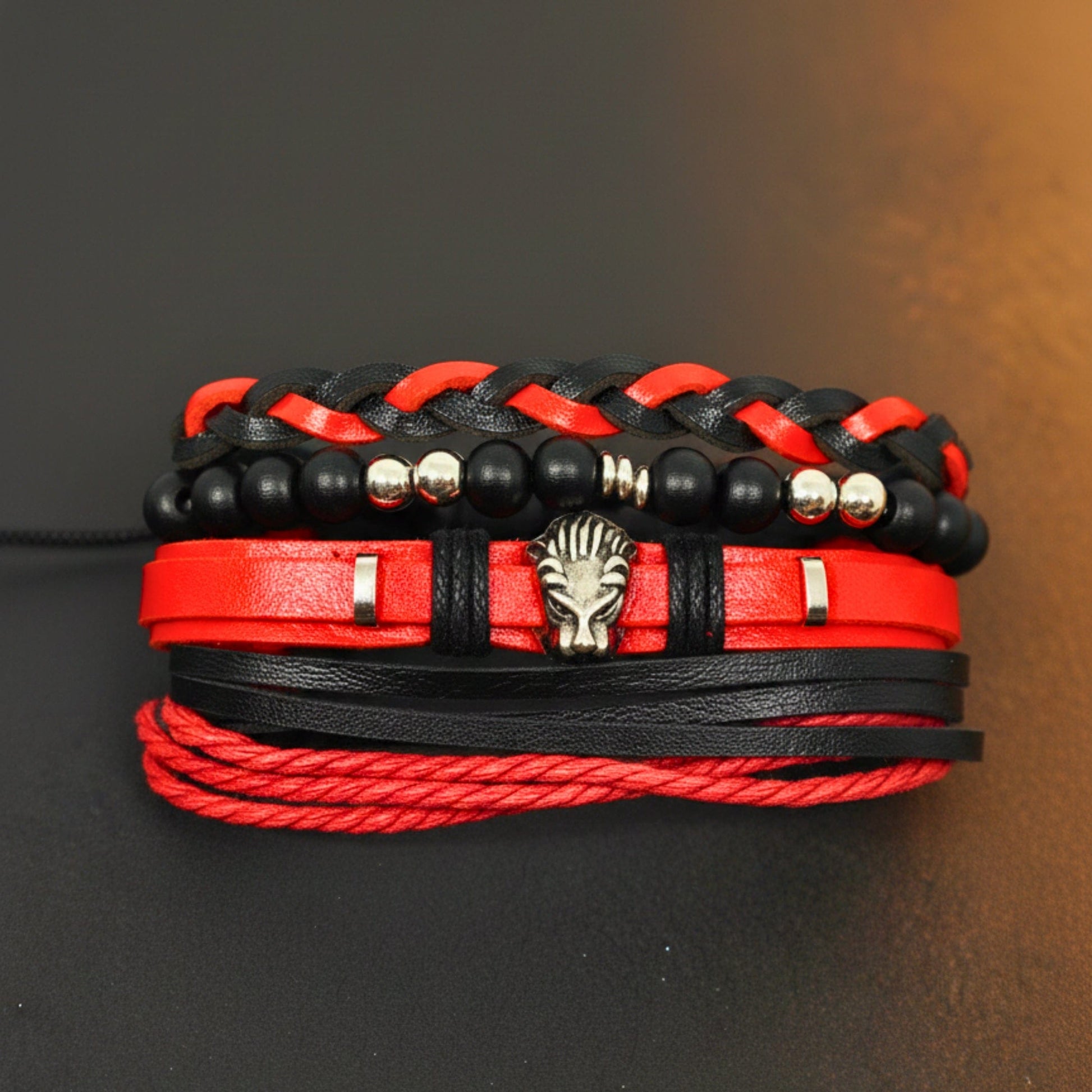 THE MEN THING Leather Bracelet CRIMSON LION - 4 Pcs Genuine Leather Adjustable Bracelet Set for Men & Boys (8 inch)