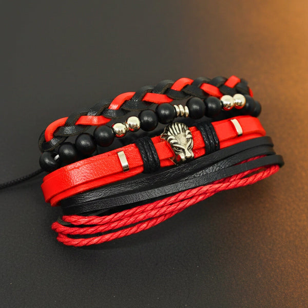 CRIMSON LION - 4 Pcs Genuine Leather Adjustable Bracelet Set for Men & Boys (8 inch)