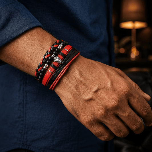 THE MEN THING Leather Bracelet CRIMSON LION - 4 Pcs Genuine Leather Adjustable Bracelet Set for Men & Boys (8 inch)