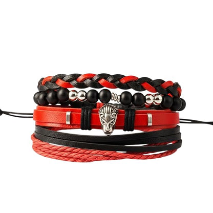 THE MEN THING Leather Bracelet CRIMSON LION Set of 4 Genuine Braided Leather Adjustable Bracelets for Men & Boys – 8 Inch