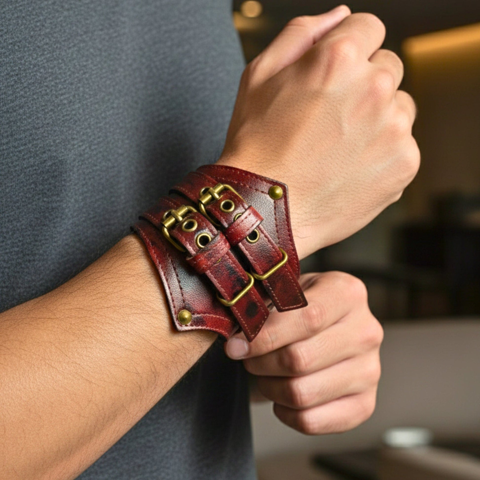 THE MEN THING Leather Bracelet CRIMSON REBEL - 55mm Genuine Leather Adjustable Bracelet for Men & Boys (8-8.5-9 inch)