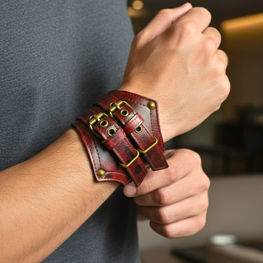 THE MEN THING Leather Bracelet CRIMSON REBEL - 55mm Genuine Leather Adjustable Bracelet for Men & Boys (8-8.5-9 inch)