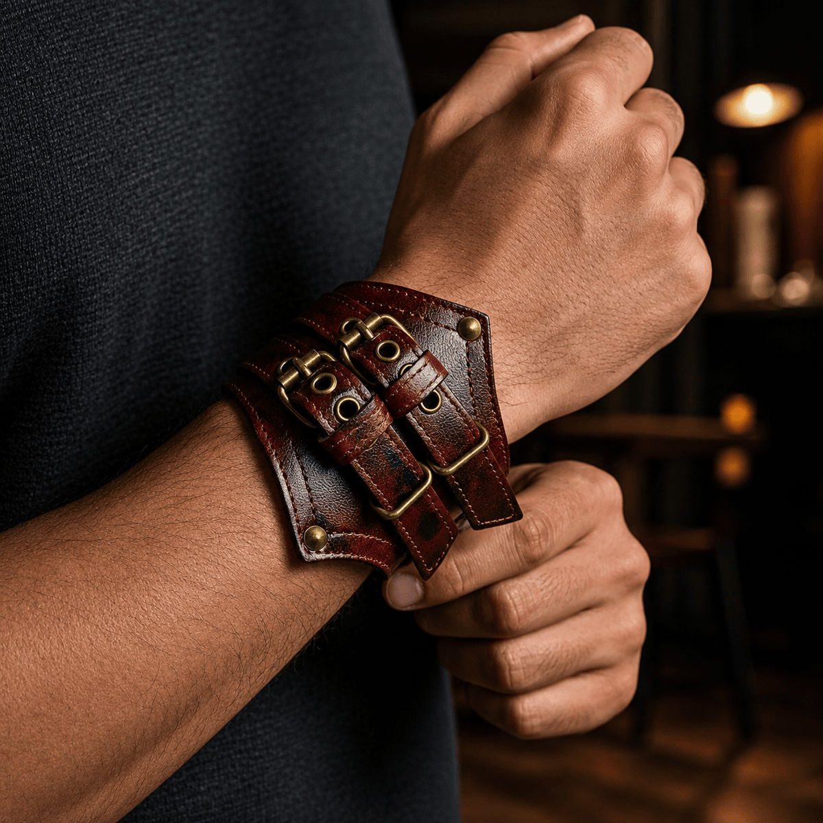 THE MEN THING Leather Bracelet CRIMSON REBEL - 55mm Genuine Leather Adjustable Bracelet for Men & Boys (8-8.5-9 inch)