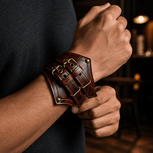 THE MEN THING Leather Bracelet CRIMSON REBEL - 55mm Genuine Leather Adjustable Bracelet for Men & Boys (8-8.5-9 inch)
